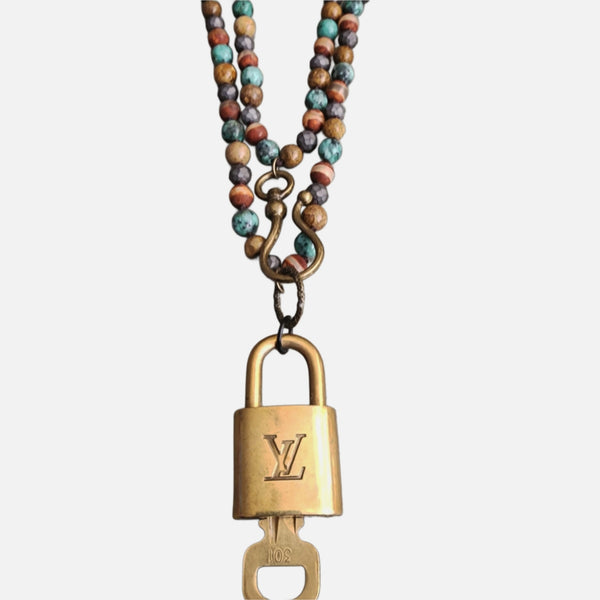 Louis Vuitton Lock & Key Pendant Natural Stone Beaded Necklace