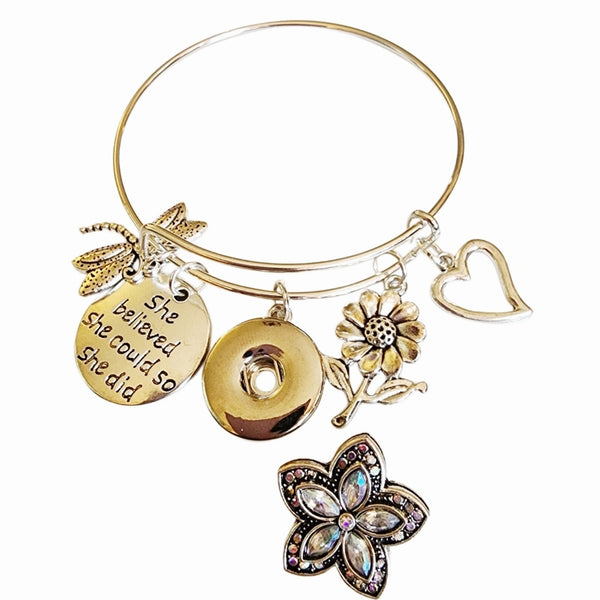 Mother's Day Multi-charm with Interchangeable Snap Charm Bangle Bracelet in Silver