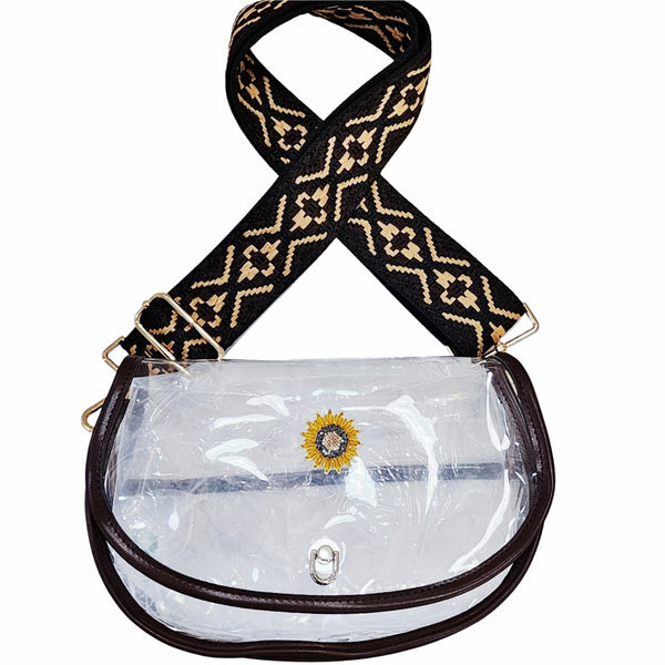 Curved Clear Stadium Bag in Black with Sunflower Charm & Woven Crossbody Strap