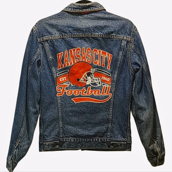 Kansas City Chiefs Football Custom Upcycled Jean Jacket, Size L