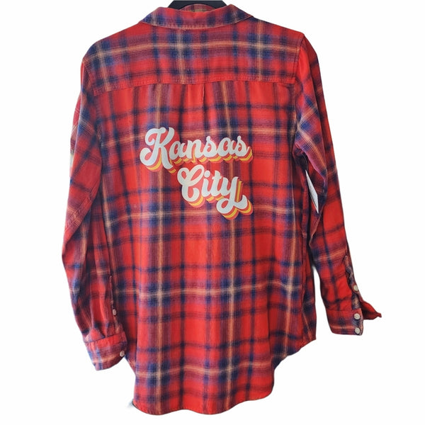 Kansas City Chiefs Upcycled Vibrant Red Plaid Button Down Shirt, Size S