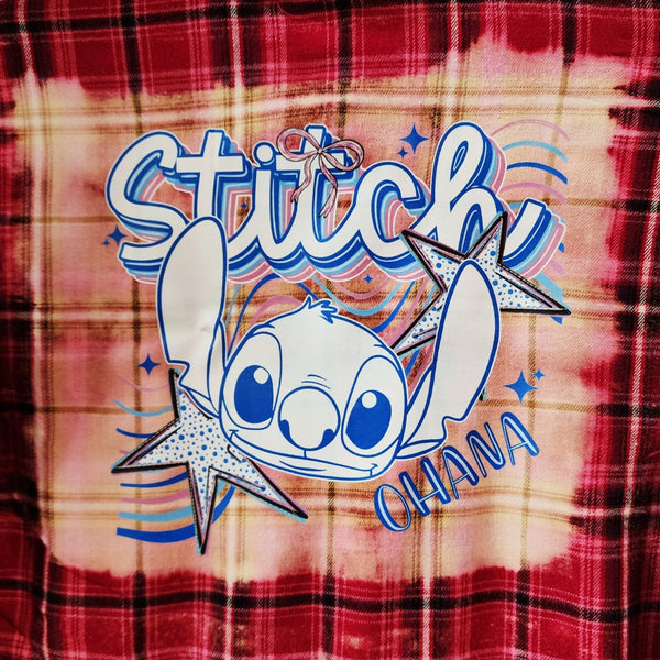Stitch Custom Upcycled Bleached Kid's Plaid Flannel Red Shirt, 10-12