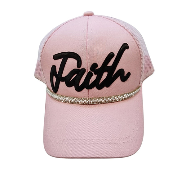 Faith Pearl/Rhinestone Handcrafted Pink Ponytail Cap