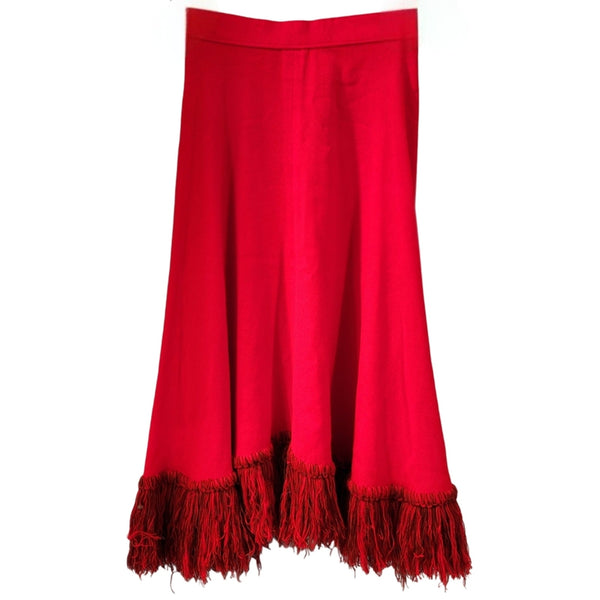 Rare Handwoven Vintage Two Piece Red Fringed Midi Skirt With Matching Shawl, XS
