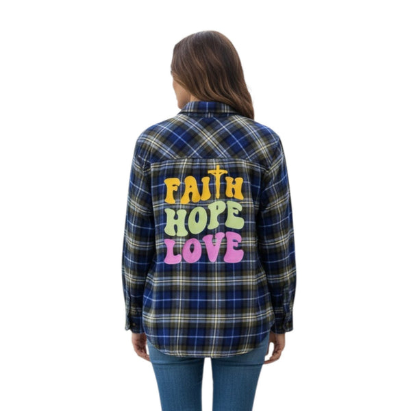 Faith, Hope, Love Repurposed Christian Theme Plaid Flannel Shirt, XL