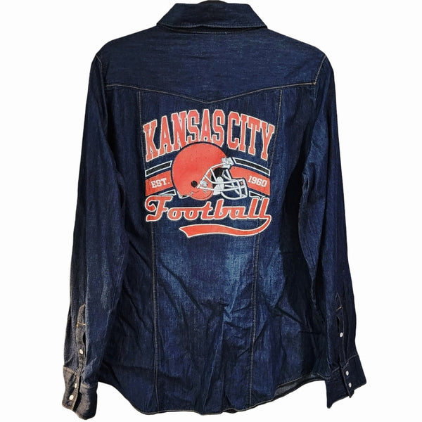 Kansas City Chiefs Upcycled Denim Snap Button Western Shirt, Size XL