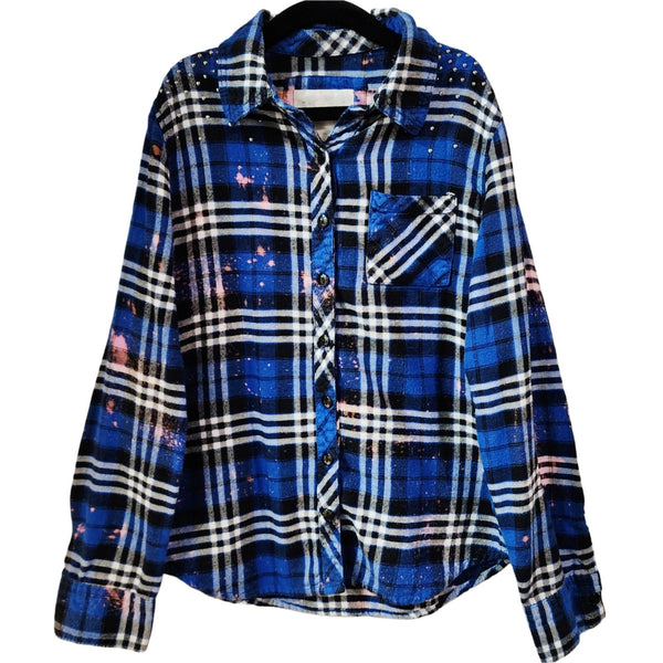 Stitch Custom Upcyled Blue Plaid Flannel Kids Shirt, Size 10