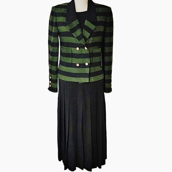 Chanel 3 Piece Co-Ord Set Green & Black Striped Blazer, Pleated Skirt & Knit Top, Size 8