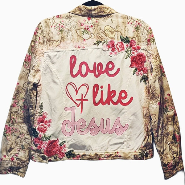 Love Like Jesus Custom Christian Upcycled Jacket with Floral Back Design, Size M
