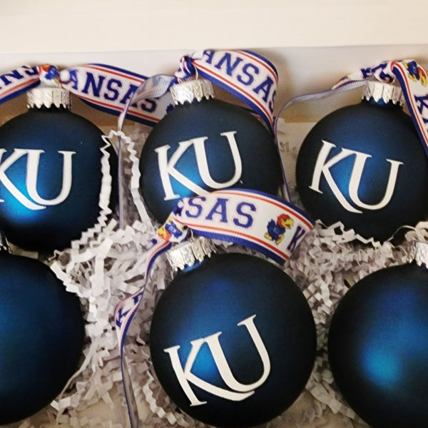 Limited Edition Blue & White Handcrafted KU Jayhawks Holiday Ornament Collection