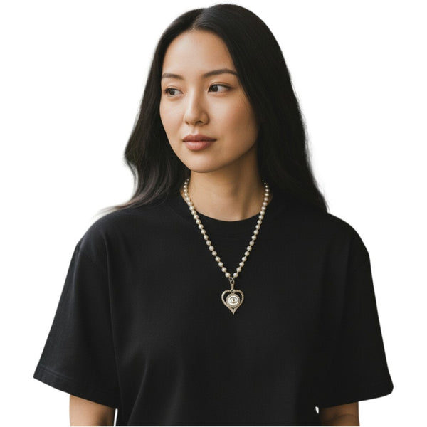 Upcycled Designer Button Heart Pendant on Pearl Rosary Style Necklace