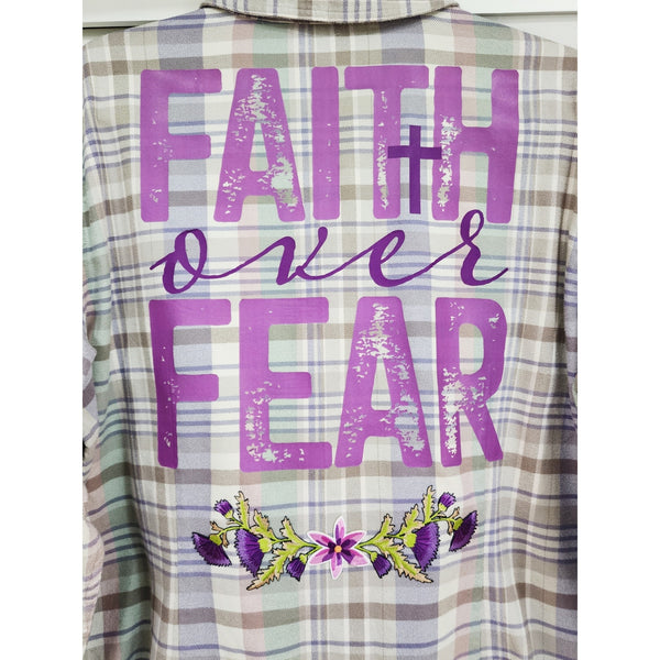 Faith Over Fear Repurposed Christian Theme Zip Front Shirt Jacket, 1X