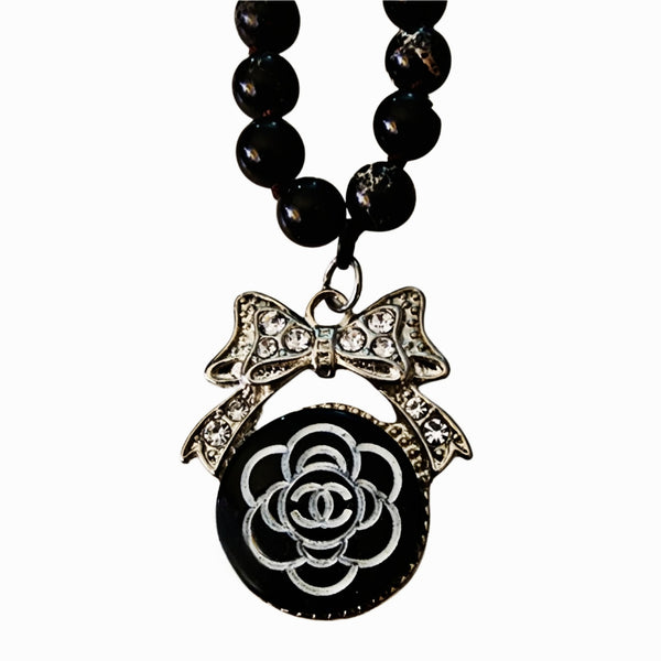 Black & White Designer Button Repurposed Into Pendant on Long Black Beaded Necklace