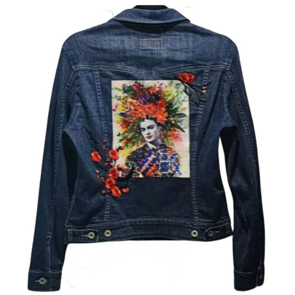 Frida Kahlo Vibrant Floral Custom Upcycled Denim Levi's Jacket, M