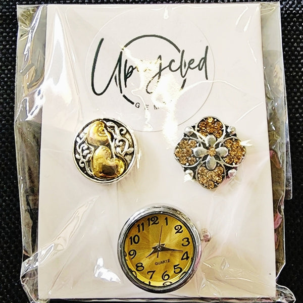 Interchangeable Snap Charm 3 Piece Set - Yellow/Silver Heart/Watch Charms