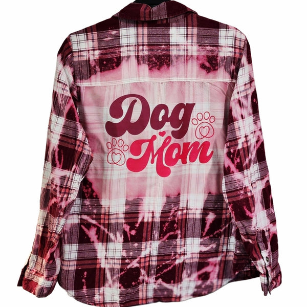 Dog Mom Pink & White Custom Upcycled Plaid Shirt, XL