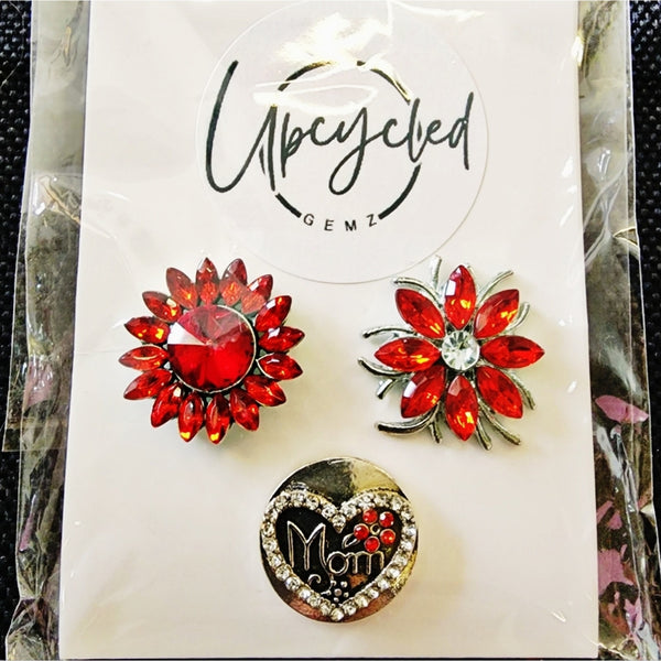 Interchangeable Snap Charm 3 Piece Set - Red/Silver Floral/Mom Charms