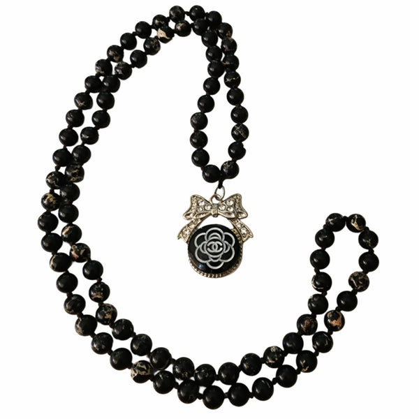 Black & White Designer Button Repurposed Into Pendant on Long Black Beaded Necklace