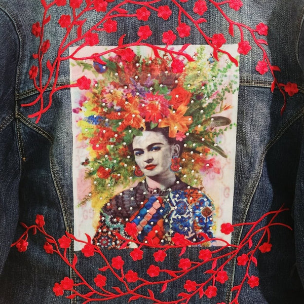 Frida Kahlo Floral Upcycled Custom Denim Jacket, Women's Size 16