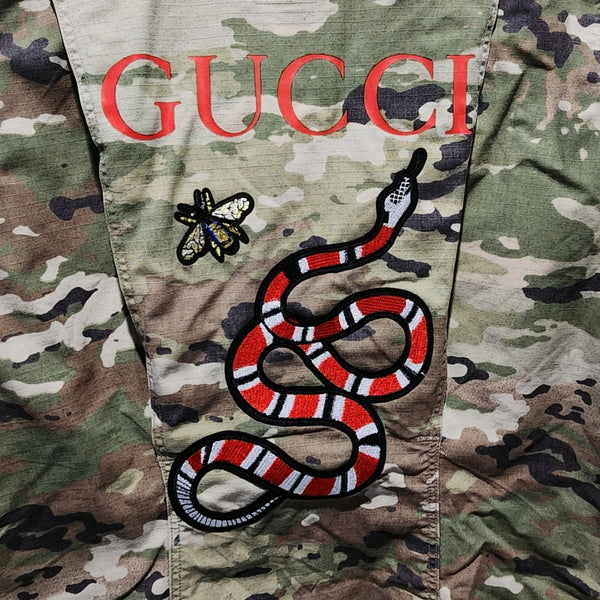Upcycled Military Camouflage Field Jacket with Snake & Bee Details, M