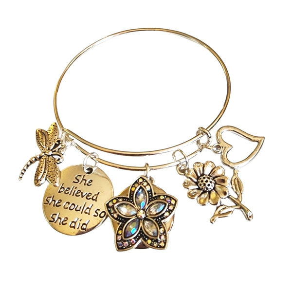 Mother's Day Multi-charm with Interchangeable Snap Charm Bangle Bracelet in Silver