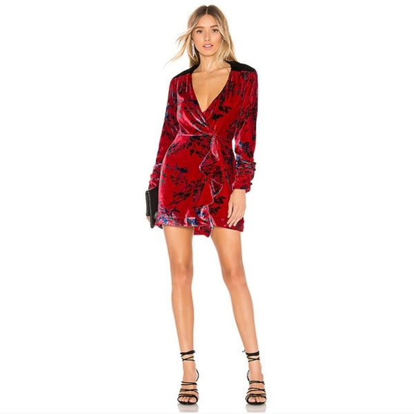 NWT House of Harlow Revolve Joline Dress Mini Red Fluer Velvet Wrap, Size M