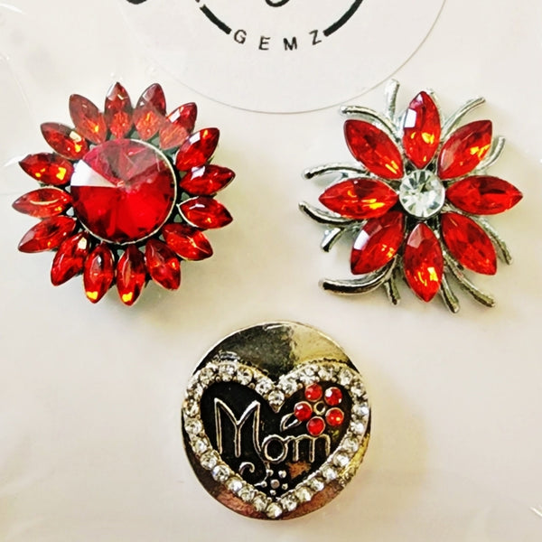 Interchangeable Snap Charm 3 Piece Set - Red/Silver Floral/Mom Charms