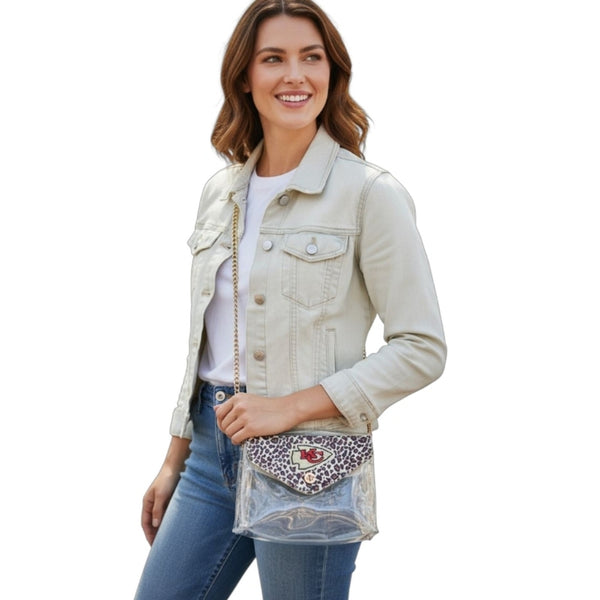 KC Chiefs Clear Stadium Bag With Arrowhead Leopard Handsewn Flap