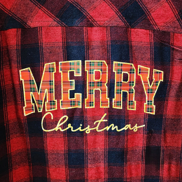 Merry Christmas Upcycled Buffalo Plaid Sherpa Lined Shacket Shirt, L