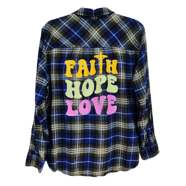 Faith, Hope, Love Repurposed Christian Theme Plaid Flannel Shirt, XL