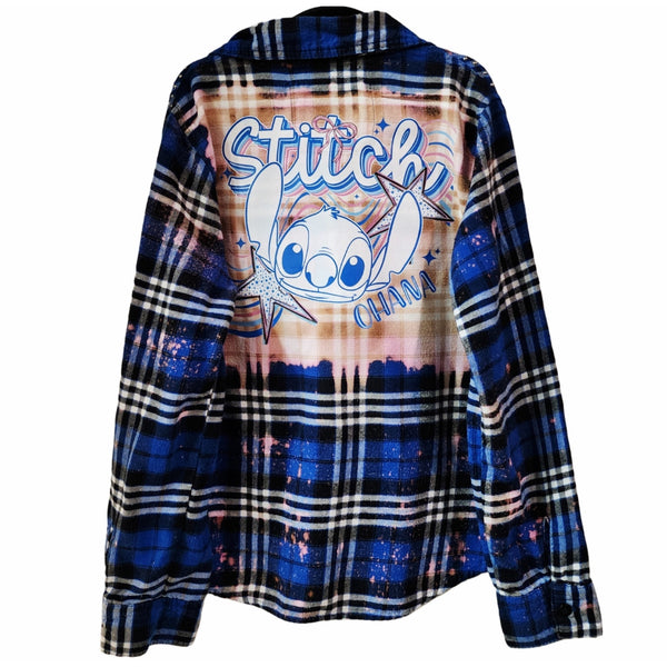 Stitch Custom Upcyled Blue Plaid Flannel Kids Shirt, Size 10