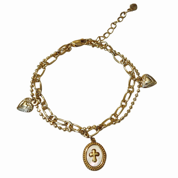 Cross Charm 18K Gold Filled Dual Strand Adjustable Charm Bracelet