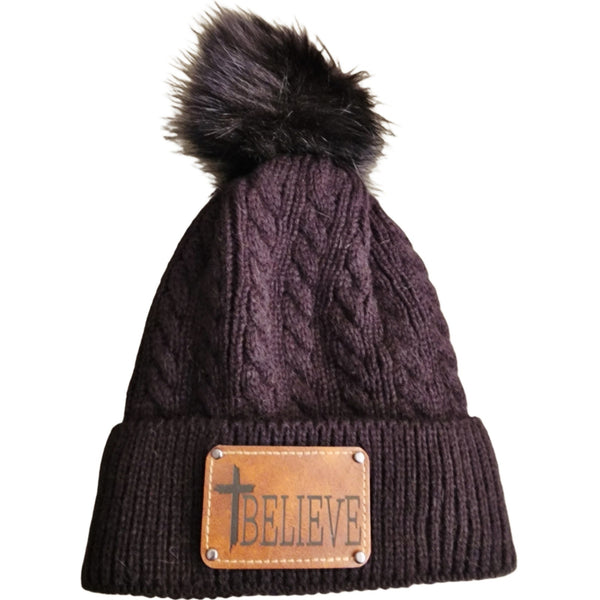 Christian Black Cable Knit Pom Beanie with Tan Faux Leather 