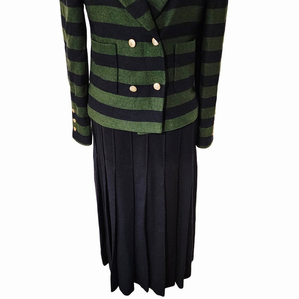 Chanel 3 Piece Co-Ord Set Green & Black Striped Blazer, Pleated Skirt & Knit Top, Size 8