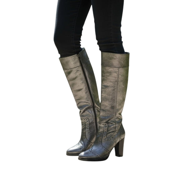 Michael Kors Penelope Heeled Boot In Metallic Gunmetal Heeled Boots, 7.5