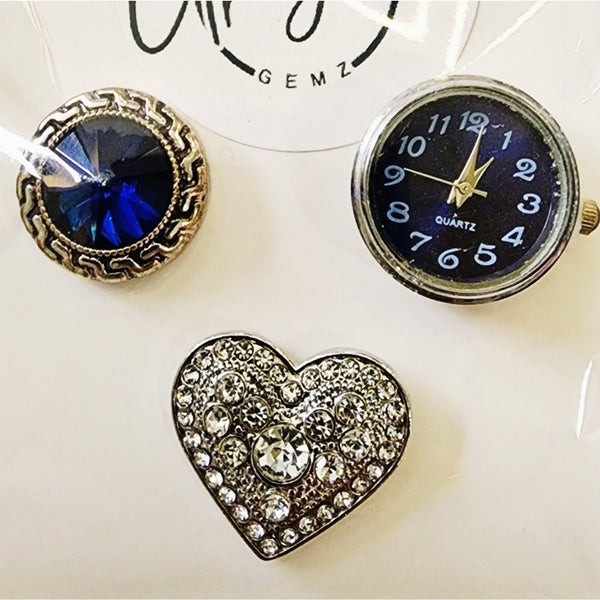 Interchangeable Snap Charm 3 Piece Set - Navy/Silver Heart/Clock Charms