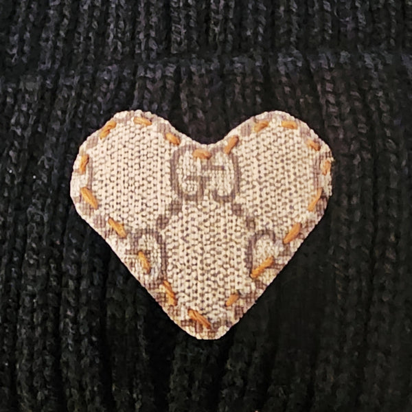 Black Knit Beanie with Faux Fur Pom and Heart Detail