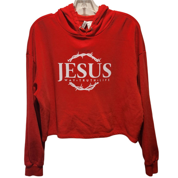 Jesus, The Way Truth Life with Crown of Thorns Custom Christian Upcycled Crop Hoodie