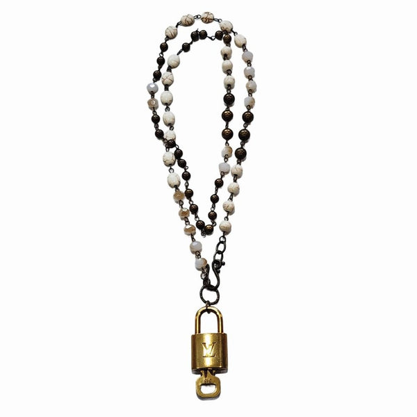 Louis Vuitton Gold Padlock & Key Repurposed Neutral Beaded Statement Necklace