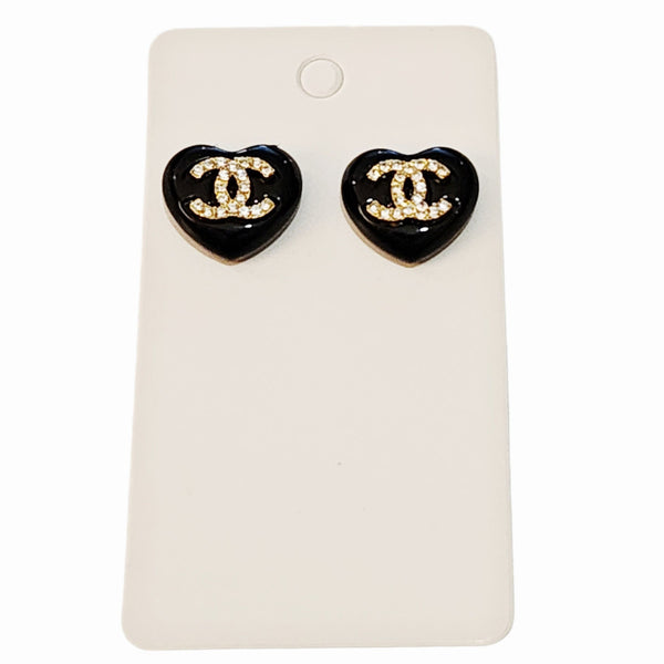 Designer CC Black Heart Rhinestone Buttons Repurposed into Earrings