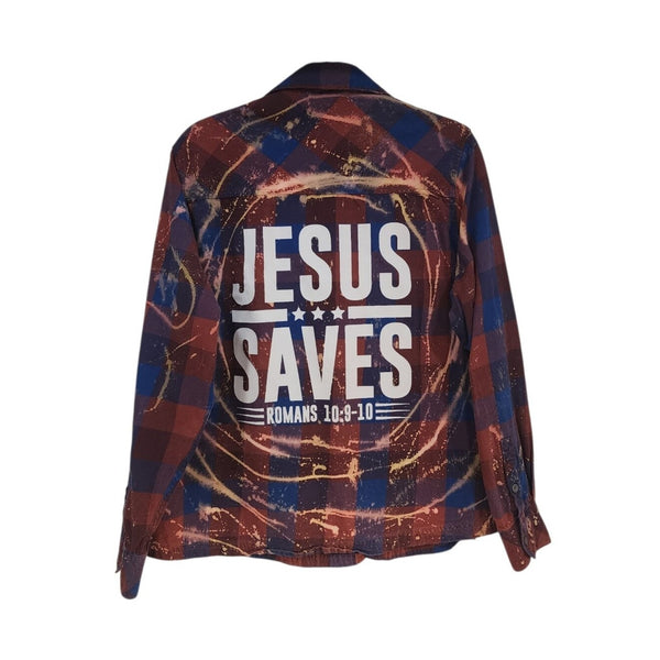 Jesus Saves Repurposed Christian Theme Plaid Shirt, XL
