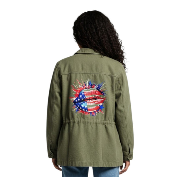 Patriotic Red, White & Blue Custom Lip on Repurposed Army Green Safari Jacket XL