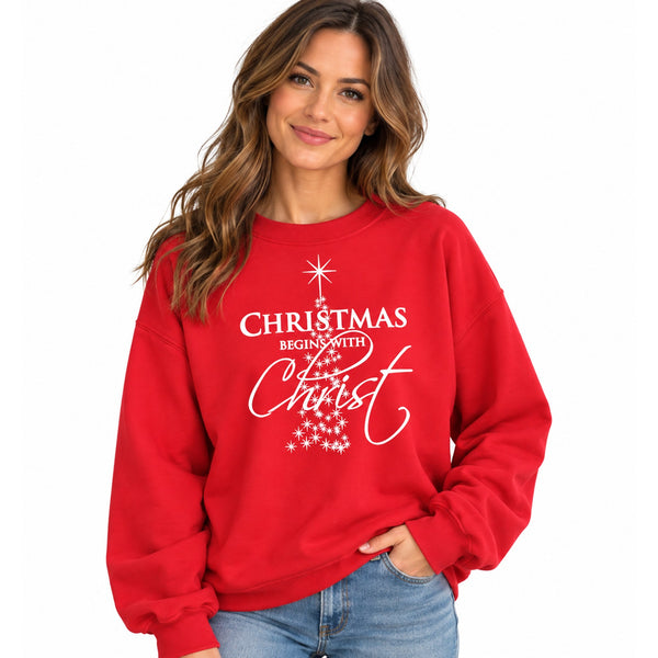 Christmas Begins With Christ Fleece Lined Red Crewneck Sweatshirt