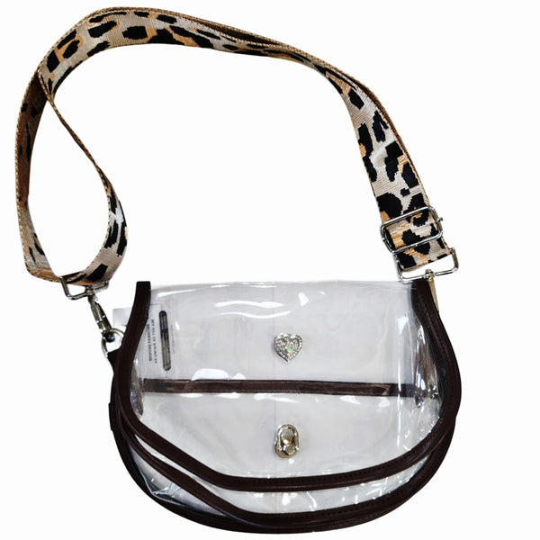 Curved Clear Stadium Bag in Black with Snap Charm & Leopard Crossbody Strap