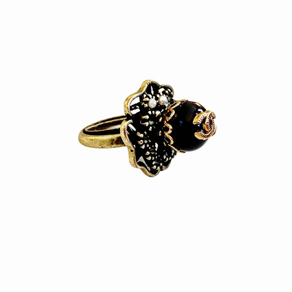 Repurposed Designer button in Black and Gold on Ornate Adjustable Ring Base