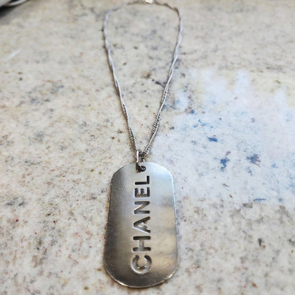 Chanel Silver Dog Tag on Unbranded Silver Necklace Chain