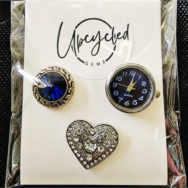 Interchangeable Snap Charm 3 Piece Set - Navy/Silver Heart/Clock Charms