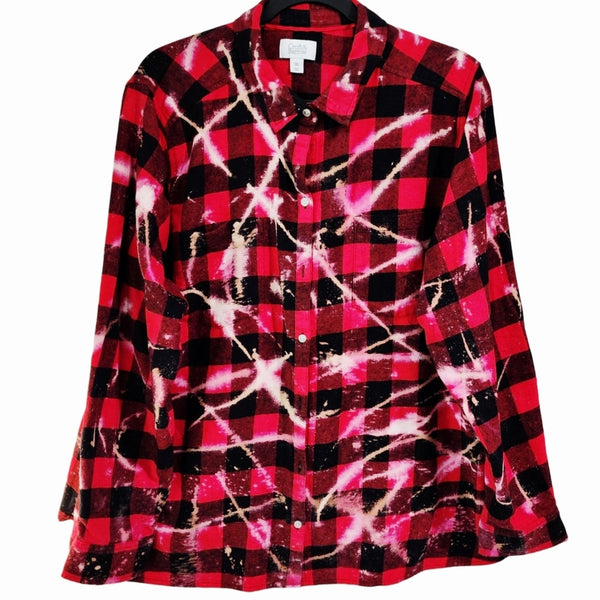 Kansas City Chiefs Red & White Custom Upcycled Bleached Plaid Flannel Shirt, XXL