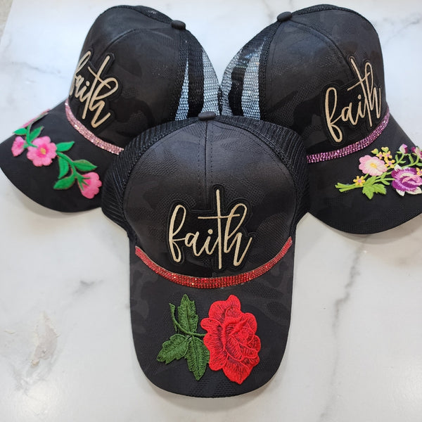 Faith Pearl/Rhinestone Handcrafted Pink Ponytail Cap