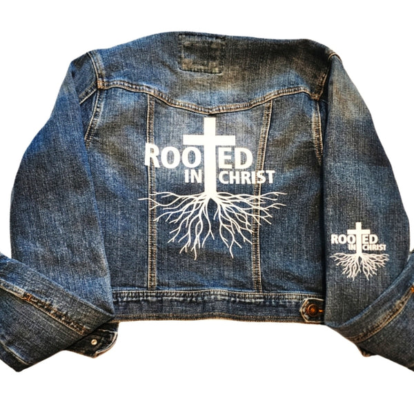 Rooted In Christ Custom Upcycled Jean Jacket, Women's M